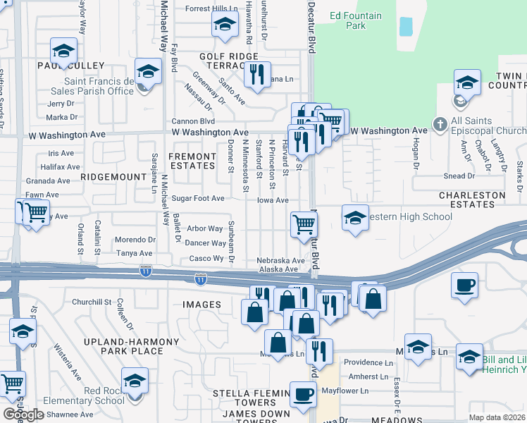 map of restaurants, bars, coffee shops, grocery stores, and more near 316 Stanford Street in Las Vegas
