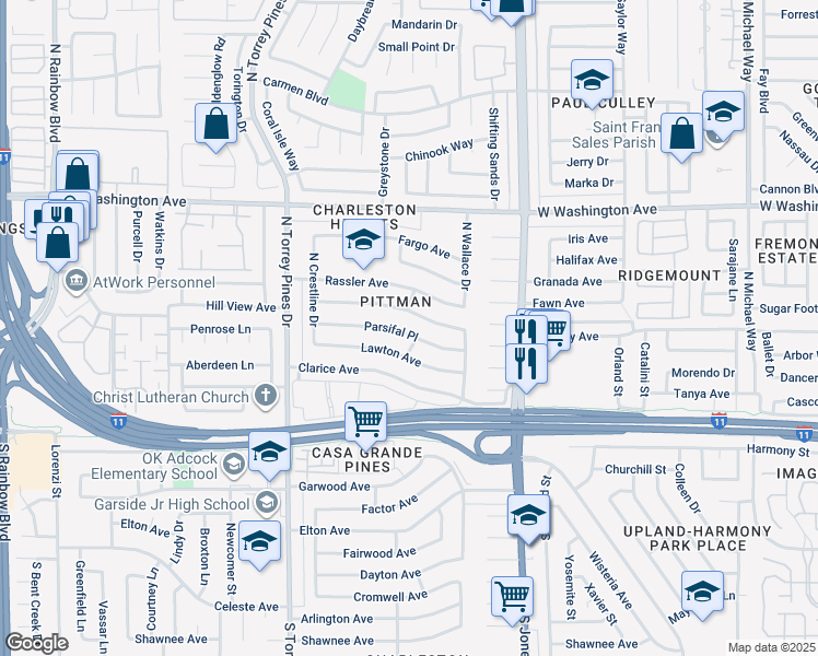 map of restaurants, bars, coffee shops, grocery stores, and more near 6240 Parsifal Place in Las Vegas