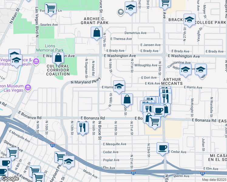 map of restaurants, bars, coffee shops, grocery stores, and more near 728 North 18th Street in Las Vegas