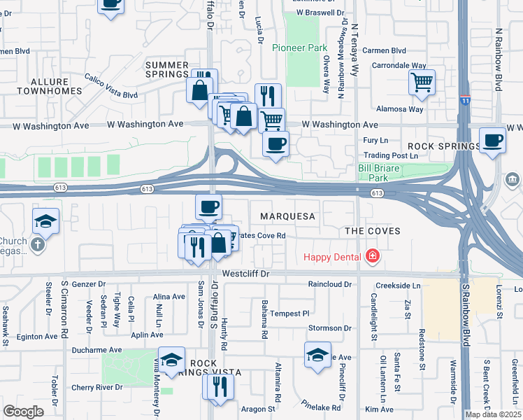 map of restaurants, bars, coffee shops, grocery stores, and more near 7300 West Pirates Cove Road in Las Vegas