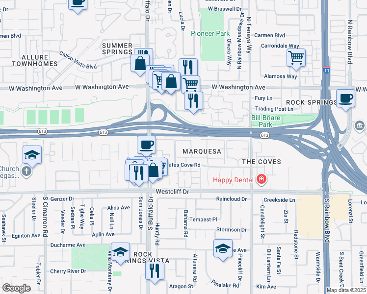 map of restaurants, bars, coffee shops, grocery stores, and more near 7300 West Pirates Cove Road in Las Vegas