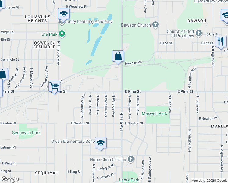 map of restaurants, bars, coffee shops, grocery stores, and more near 4801 East Pine Street in Tulsa