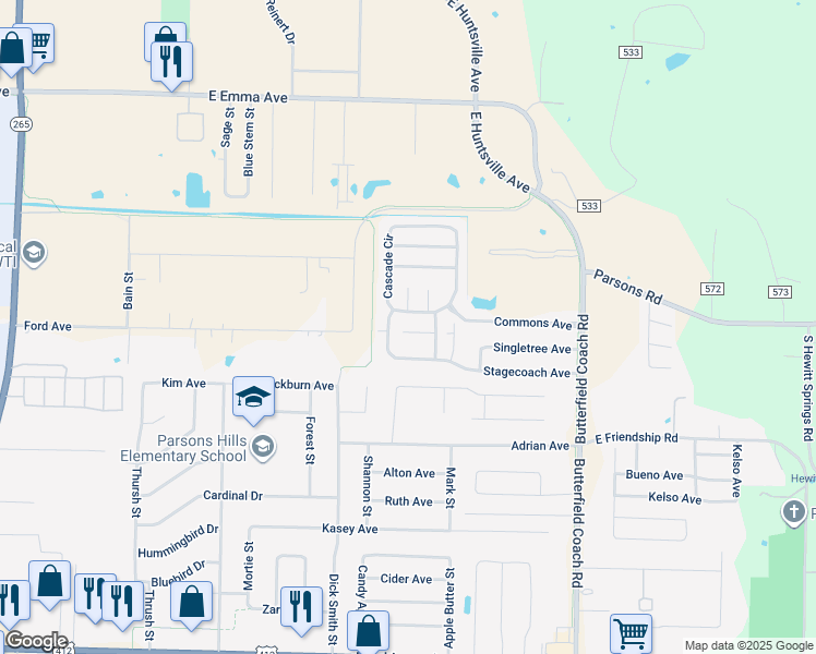 map of restaurants, bars, coffee shops, grocery stores, and more near 2696 Lenox Ct in Springdale