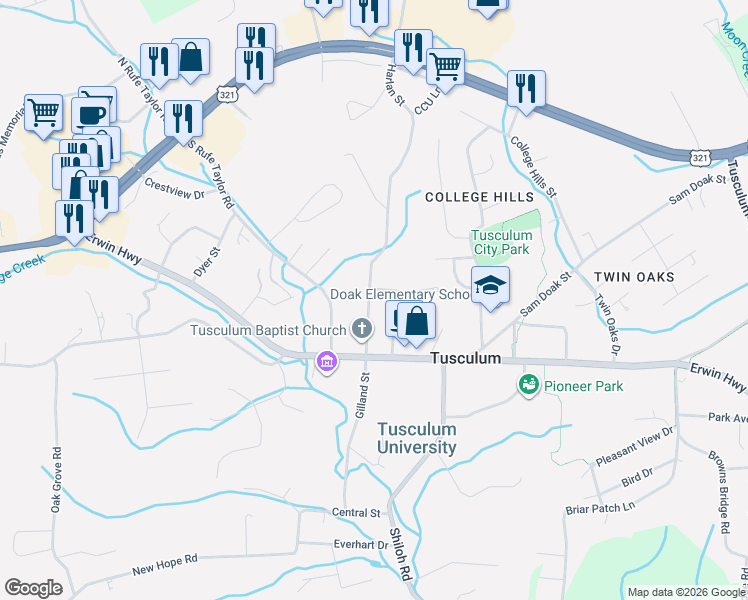 map of restaurants, bars, coffee shops, grocery stores, and more near 631 Harlan Street in Greeneville