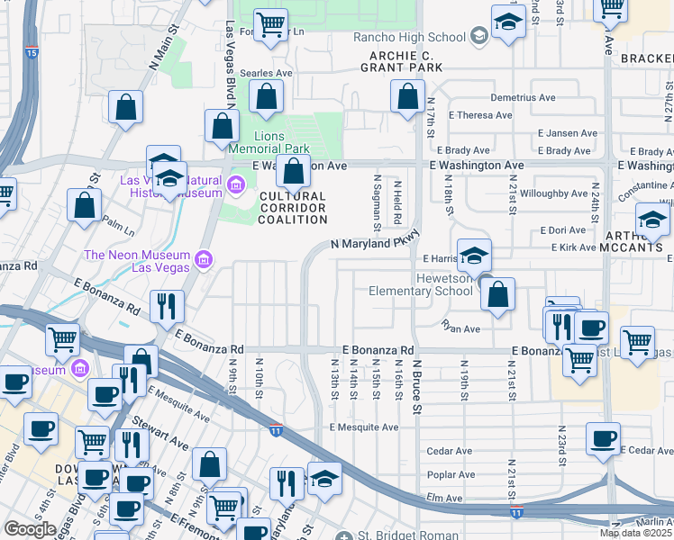 map of restaurants, bars, coffee shops, grocery stores, and more near 701 North 13th Street in Las Vegas