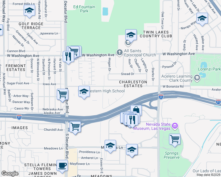 map of restaurants, bars, coffee shops, grocery stores, and more near 4405 West Bonanza Road in Las Vegas