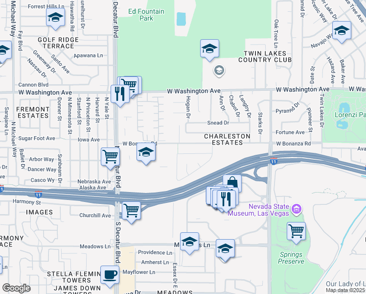 map of restaurants, bars, coffee shops, grocery stores, and more near 4405 West Bonanza Road in Las Vegas