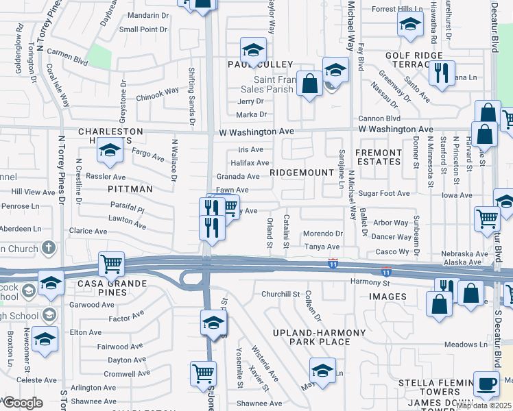 map of restaurants, bars, coffee shops, grocery stores, and more near 5812 Bromley Avenue in Las Vegas