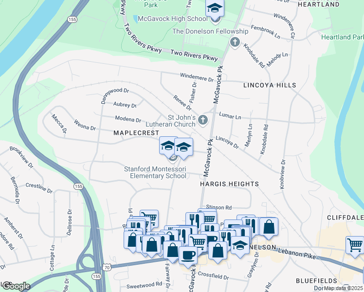 map of restaurants, bars, coffee shops, grocery stores, and more near 2422 Maplecrest Drive in Nashville
