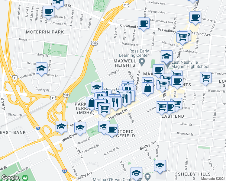map of restaurants, bars, coffee shops, grocery stores, and more near 100 Neill Avenue in Nashville