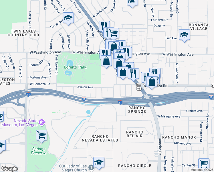map of restaurants, bars, coffee shops, grocery stores, and more near 2900 Avalon Ave in Las Vegas
