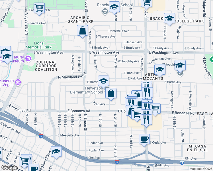 map of restaurants, bars, coffee shops, grocery stores, and more near 701 North 20th Street in Las Vegas