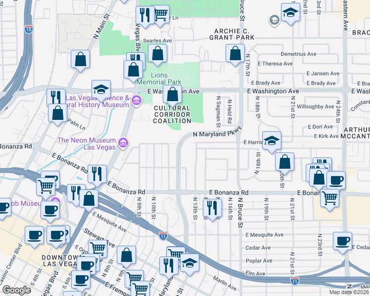 map of restaurants, bars, coffee shops, grocery stores, and more near 701 North 13th Street in Las Vegas