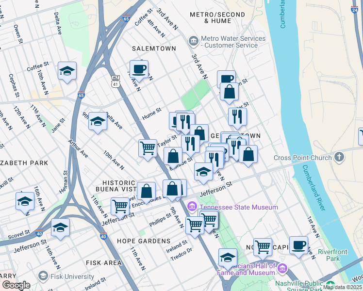 map of restaurants, bars, coffee shops, grocery stores, and more near 1313 6th Avenue North in Nashville