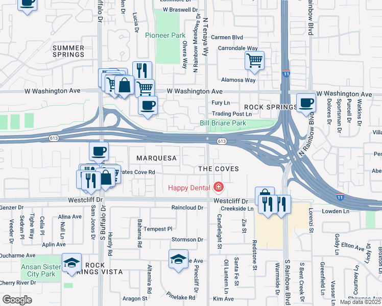 map of restaurants, bars, coffee shops, grocery stores, and more near 7100 West Pirates Cove Road in Las Vegas