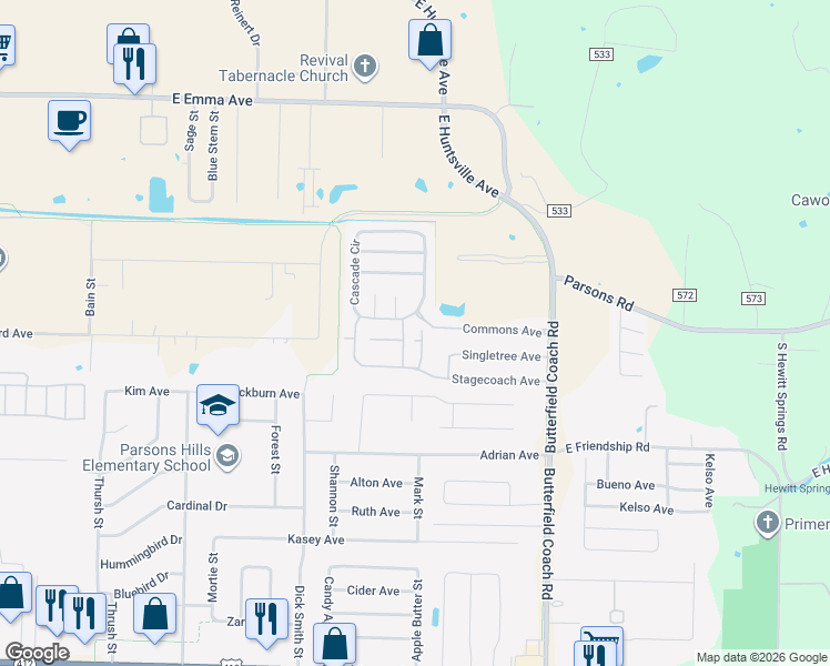 map of restaurants, bars, coffee shops, grocery stores, and more near 786 Lariat Street in Springdale