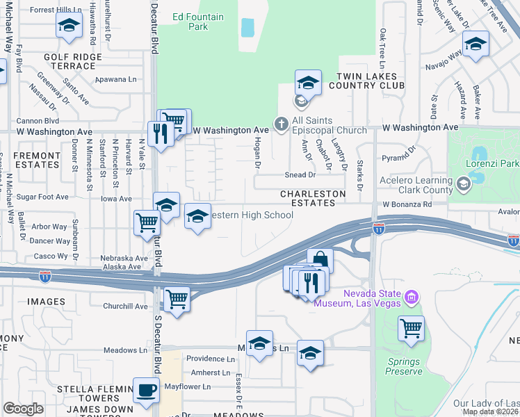 map of restaurants, bars, coffee shops, grocery stores, and more near 4405 West Bonanza Road in Las Vegas