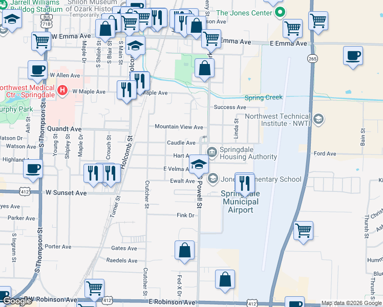map of restaurants, bars, coffee shops, grocery stores, and more near 508 Hart Avenue in Springdale