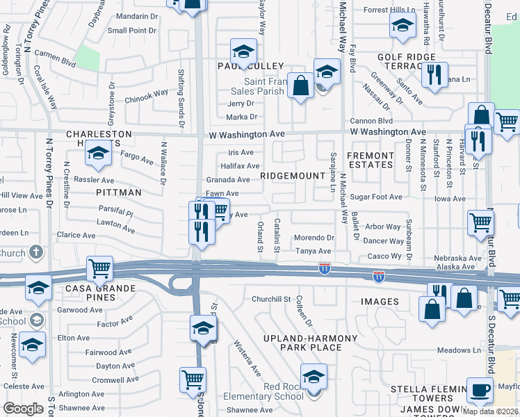 map of restaurants, bars, coffee shops, grocery stores, and more near 5800 Bromley Avenue in Las Vegas