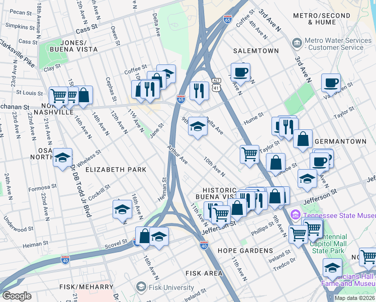 map of restaurants, bars, coffee shops, grocery stores, and more near 1521 10th Avenue North in Nashville
