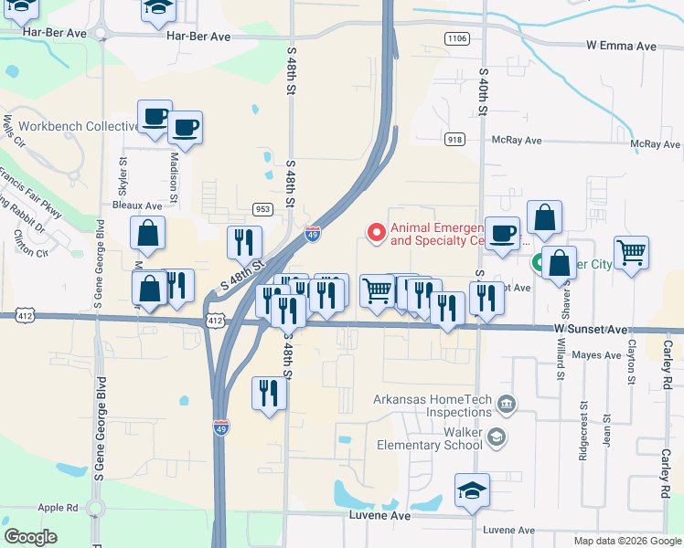 map of restaurants, bars, coffee shops, grocery stores, and more near 881 Rio Bravo Drive in Springdale