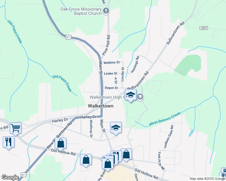 map of restaurants, bars, coffee shops, grocery stores, and more near 3724 Depot Street in Walkertown