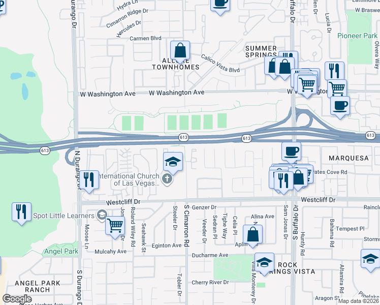 map of restaurants, bars, coffee shops, grocery stores, and more near 253 North Cimarron Road in Las Vegas