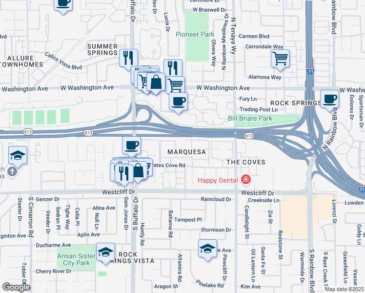 map of restaurants, bars, coffee shops, grocery stores, and more near 7300 West Pirates Cove Road in Las Vegas