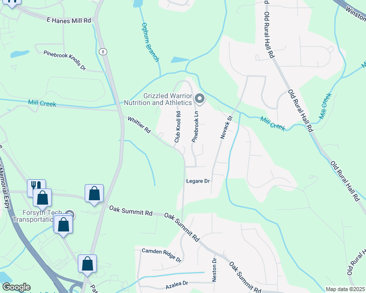 map of restaurants, bars, coffee shops, grocery stores, and more near 4465 Whittier Road in Winston-Salem