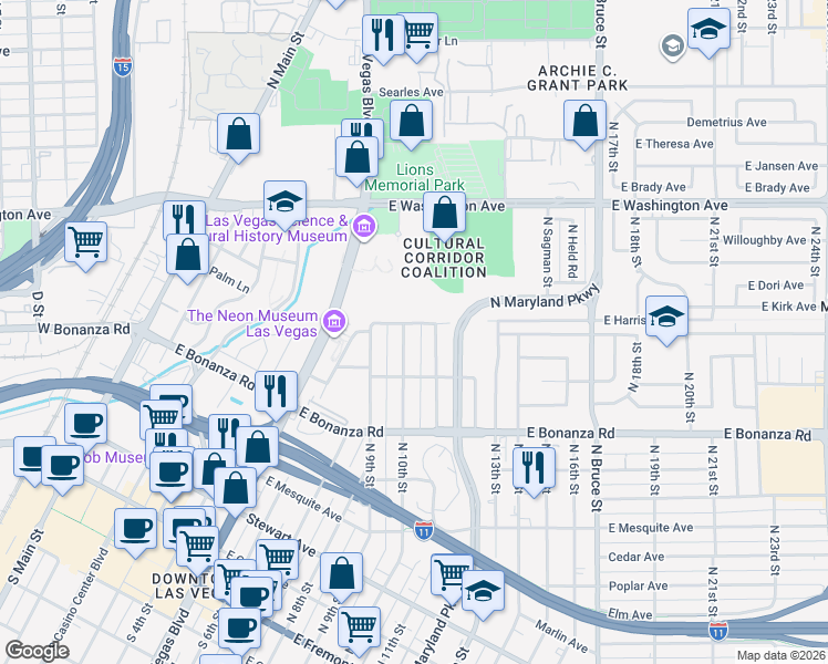 map of restaurants, bars, coffee shops, grocery stores, and more near 736 North 10th Street in Las Vegas
