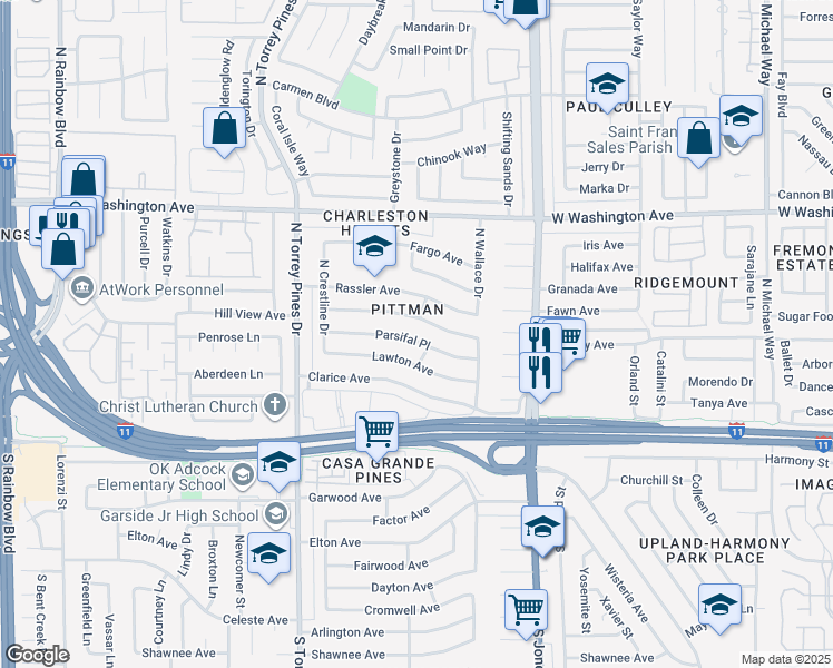 map of restaurants, bars, coffee shops, grocery stores, and more near 6244 Parsifal Place in Las Vegas
