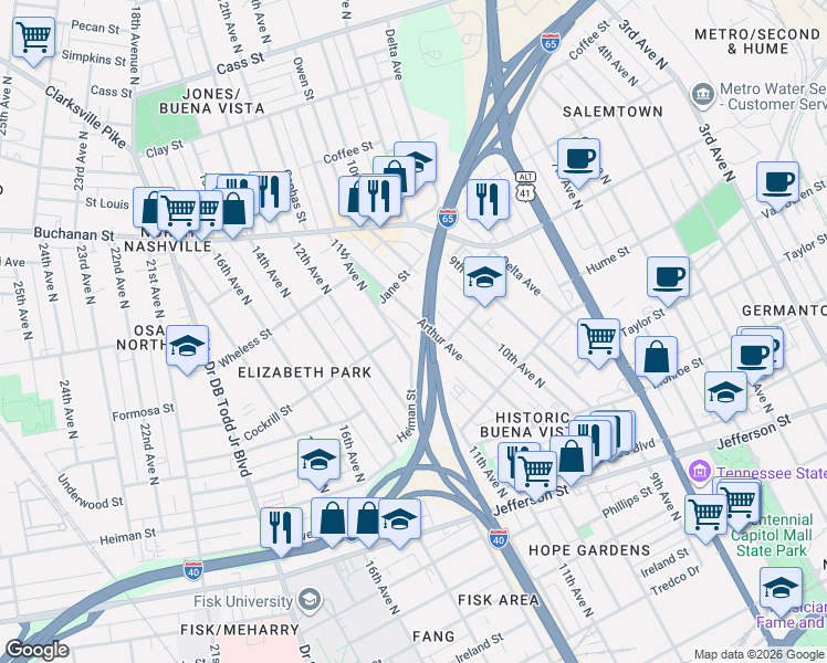 map of restaurants, bars, coffee shops, grocery stores, and more near 1620 11th Avenue North in Nashville