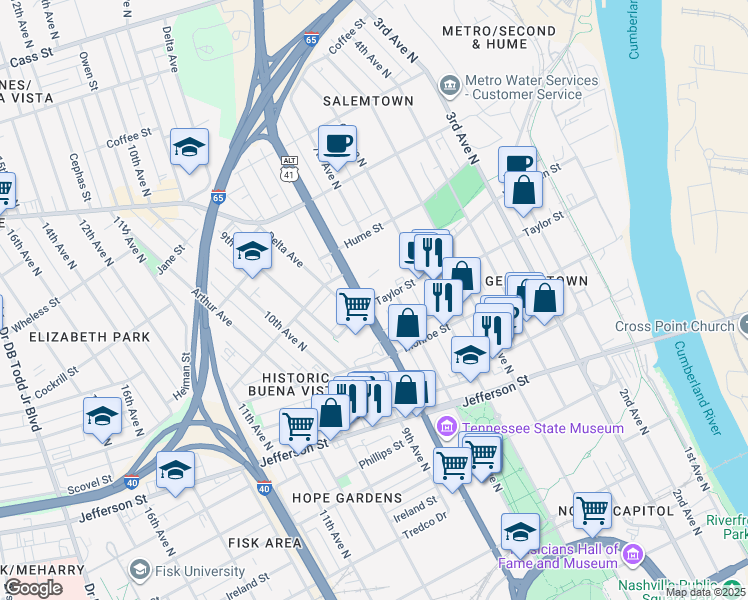 map of restaurants, bars, coffee shops, grocery stores, and more near 701 Taylor Street in Nashville