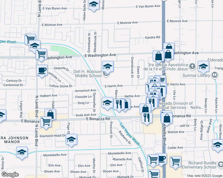 map of restaurants, bars, coffee shops, grocery stores, and more near 4777 East Harris Avenue in Las Vegas