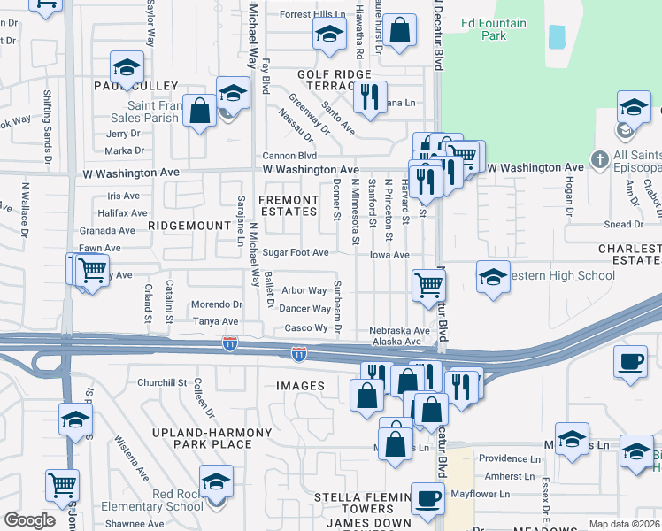 map of restaurants, bars, coffee shops, grocery stores, and more near 5120 Bromley Avenue in Las Vegas