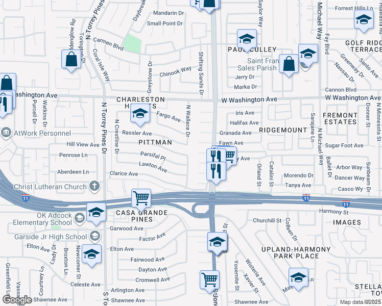 map of restaurants, bars, coffee shops, grocery stores, and more near 6121 Empire Circle in Las Vegas