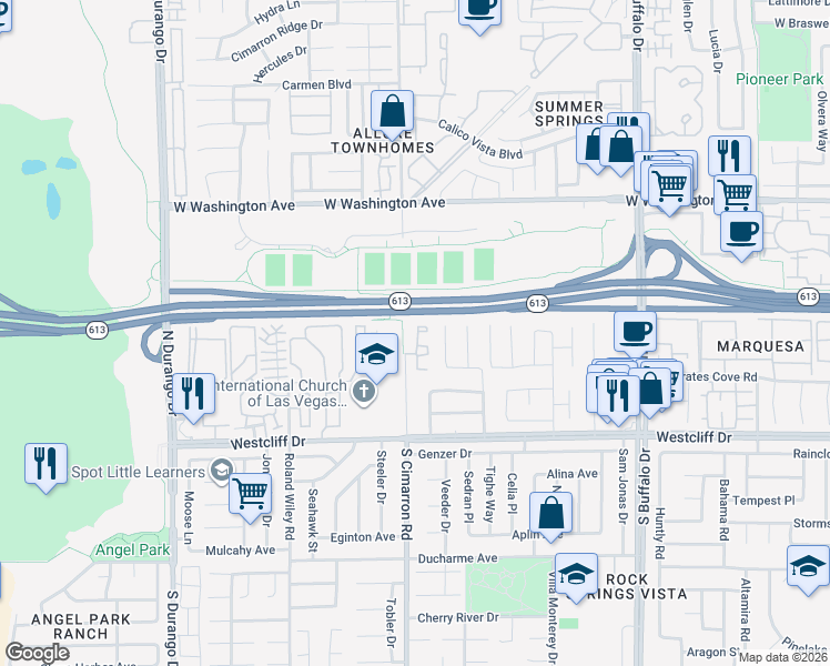 map of restaurants, bars, coffee shops, grocery stores, and more near 253 North Cimarron Road in Las Vegas