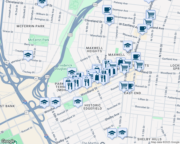 map of restaurants, bars, coffee shops, grocery stores, and more near 100 Neill Avenue in Nashville