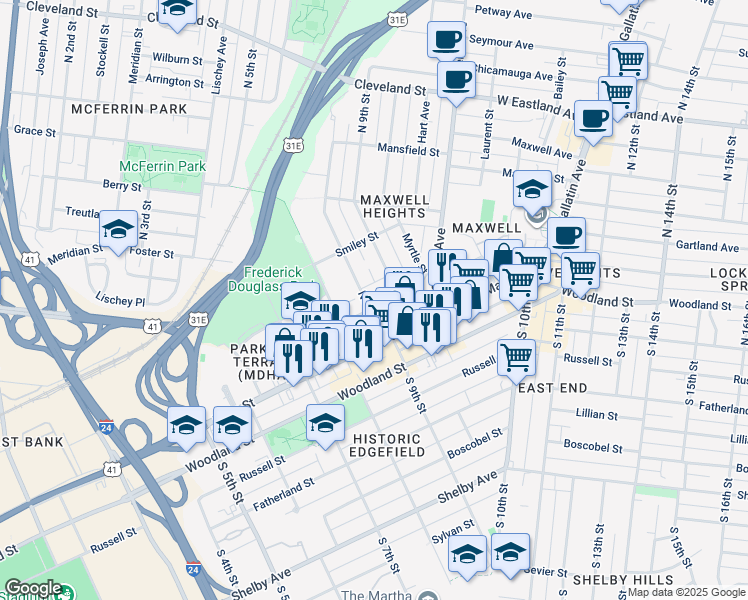 map of restaurants, bars, coffee shops, grocery stores, and more near 100 Neill Avenue in Nashville