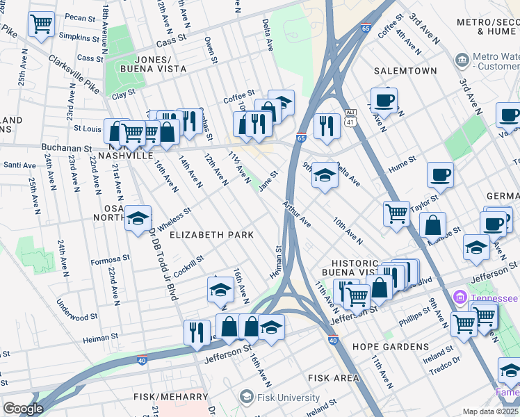 map of restaurants, bars, coffee shops, grocery stores, and more near 1620 11th Avenue North in Nashville