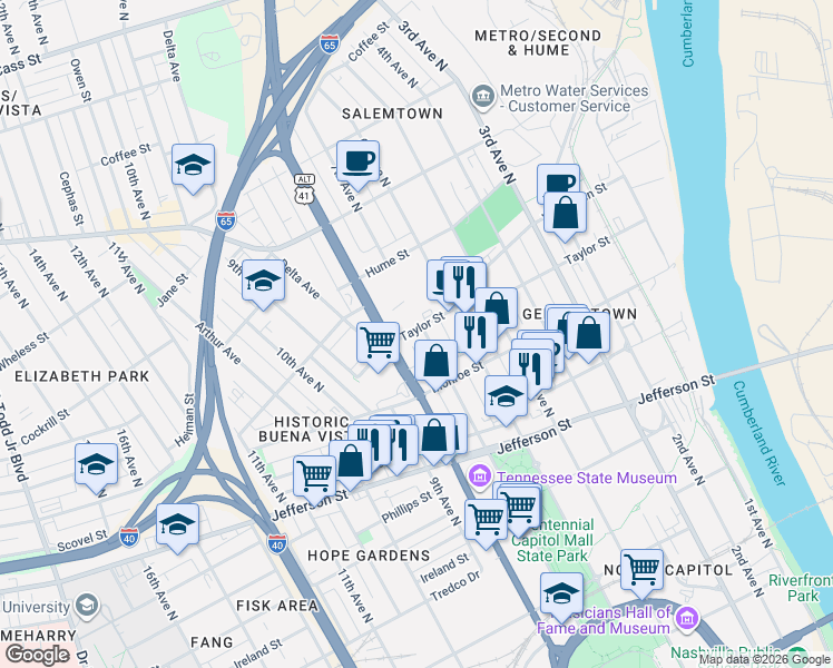 map of restaurants, bars, coffee shops, grocery stores, and more near 701 Taylor Street in Nashville