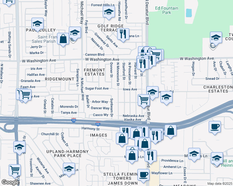 map of restaurants, bars, coffee shops, grocery stores, and more near 325 North Minnesota Street in Las Vegas