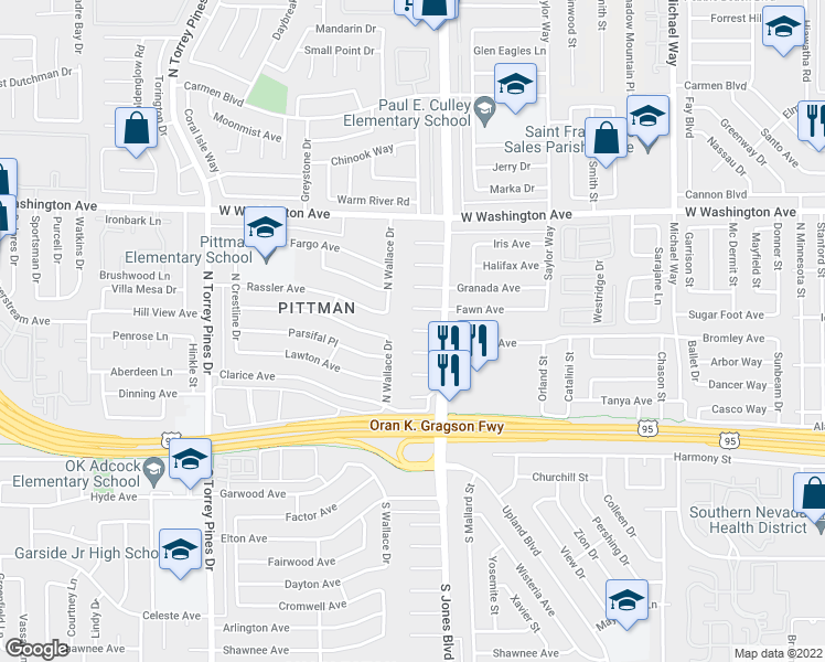 map of restaurants, bars, coffee shops, grocery stores, and more near Empire Cir in Las Vegas