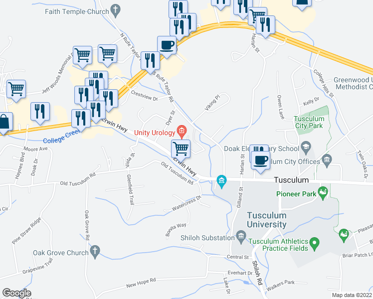 map of restaurants, bars, coffee shops, grocery stores, and more near Liberty Way in Greeneville