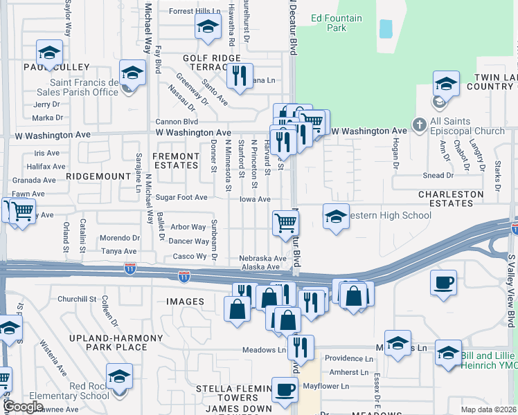 map of restaurants, bars, coffee shops, grocery stores, and more near 316 Harvard Street in Las Vegas