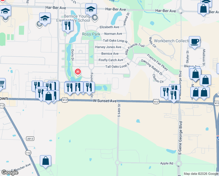 map of restaurants, bars, coffee shops, grocery stores, and more near Lynch's Prairie Court in Springdale