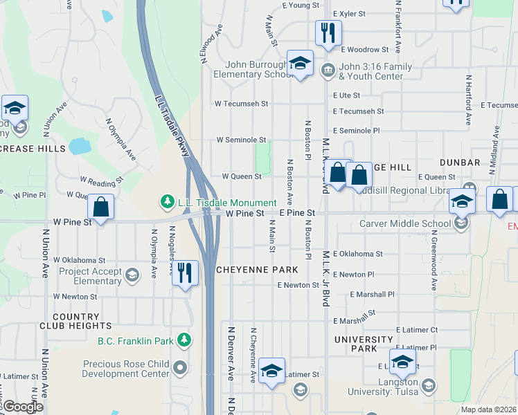 map of restaurants, bars, coffee shops, grocery stores, and more near 1508 North Main Street in Tulsa