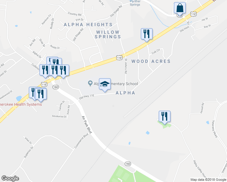 map of restaurants, bars, coffee shops, grocery stores, and more near 5560 Old Highway 11E in Morristown