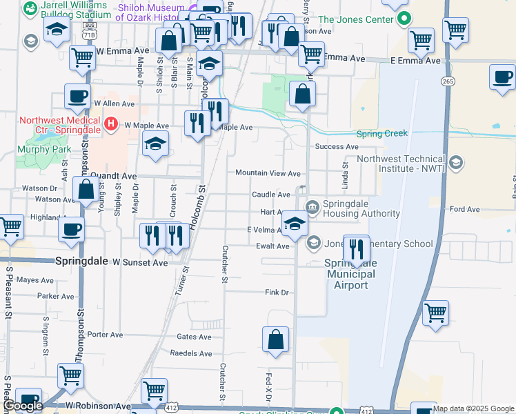 map of restaurants, bars, coffee shops, grocery stores, and more near 404 Hart Avenue in Springdale