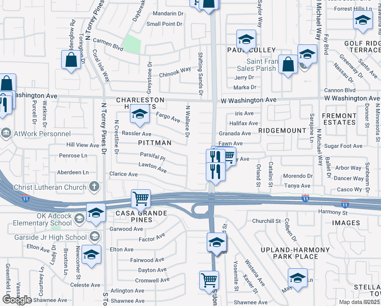 map of restaurants, bars, coffee shops, grocery stores, and more near 6121 Empire Circle in Las Vegas